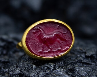 Lion Intaglio Glass Ring | 925 Sterling Silver | Lydian Lion Intaglio Signet Ring | Ancient Greek Red Glass Ring | Vintage Gift by Pellada