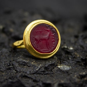Historical Greek Deer Intaglio Glass Ring | 925 Sterling Silver | Ancient Artemis Deer Intaglio Art Jewelry | Venetian Glass Ring by Pellada