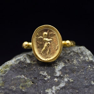 Guardian Angel Gold Ring | 24K Gold Plated | Roman Art Angel Medallion Ring | Ancient Greek Coin Ring | Antiqued Vintage Art Gift by Pellada