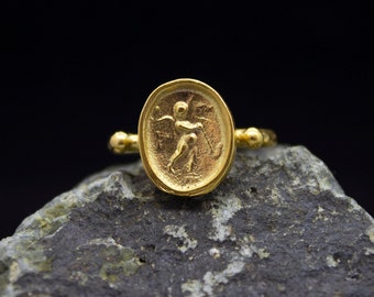 Guardian Angel Gold Ring | 24K Gold Plated | Roman Art Angel Medallion Ring | Ancient Greek Coin Ring | Antiqued Vintage Art Gift by Pellada