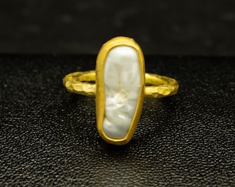 Baroque Pearl Ring | 925 Sterling Silver Ring 24K Gold Plated |  Mother of Pearl Ring | Freshwater Pearl Dainty Gift By Pellada