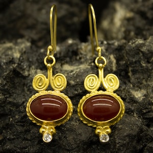 Carnelian Stone Silver Earrings | 24K Gold Over 925 Sterling Silver |  Ancient Roman Art | Brown Agate Stone Earrings | By Pellada
