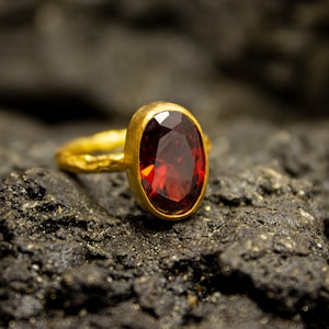 Handmade Red Garnet Ring | Anniversary Ring |  925 Sterling Silver 24K Gold Plated | Oval Garnet Stacking Ring | Dainty Ring by Pellada