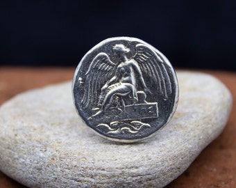 Guardian Angel Medallion Ring | 925 Sterling Silver | Roman Art Angel Ring | Hammered Coin Religious Ring | Dainty Gift  by Pellada