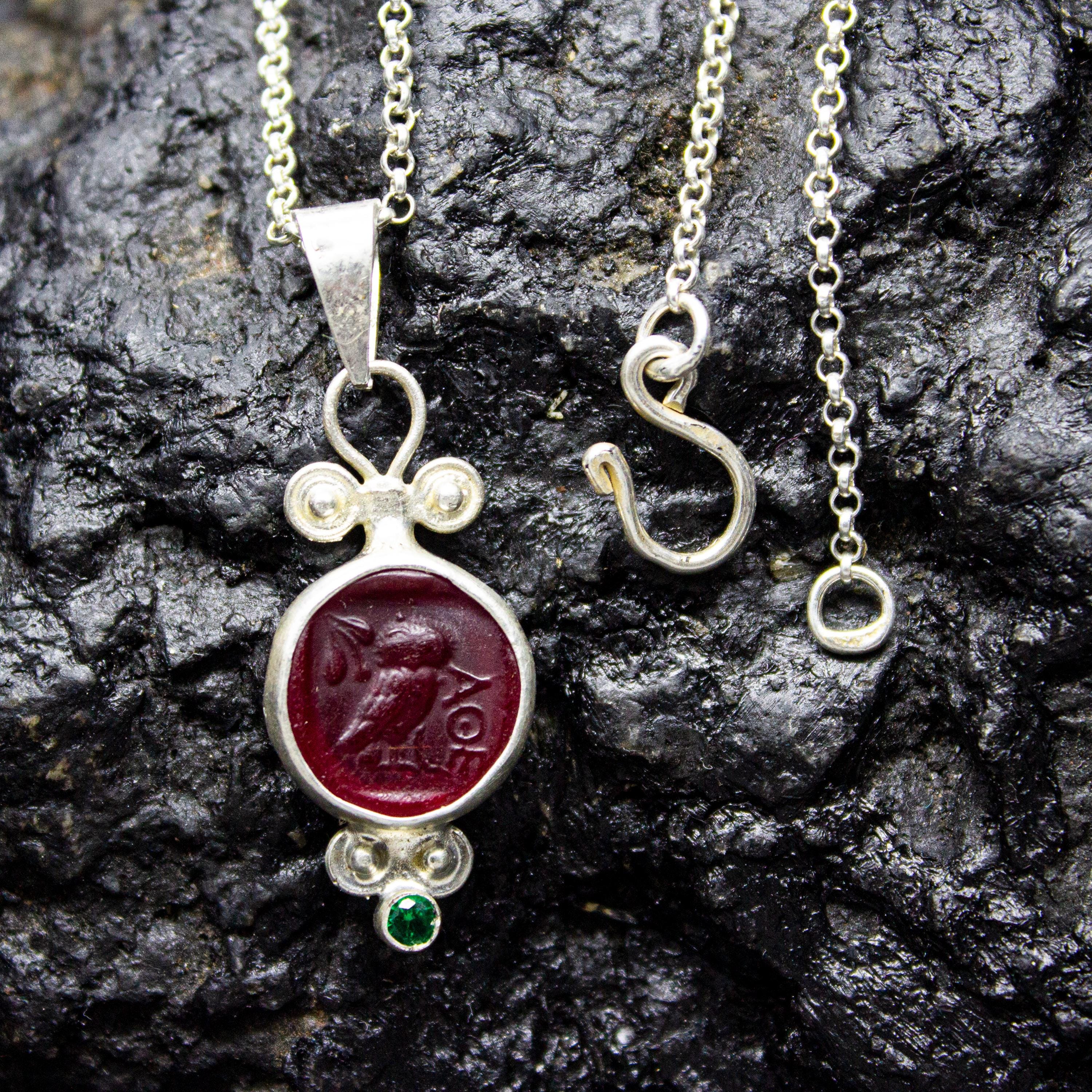 Owl Intaglio Red Glass Necklace | 925 Sterling Silver | Athena Green Intaglio Pendant | Greek Ancien