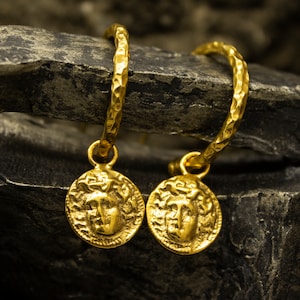 Ancient Medusa Charm Hoops Earrings | 24K Gold Plated 925 Sterling Silver | Greek Art Hammered Coin Earrings | Antique Jewelry by Pellada