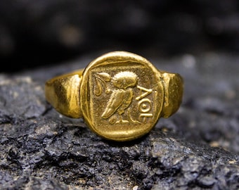 Ancient Greek Owl Domed Ring | 24K Gold Plated 925 Sterling Silver | Unisex Athena History Ring | Mythological Bird Gift for Her by Pellada