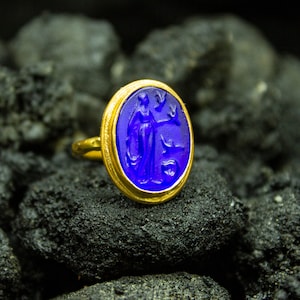 Greek Intaglio Glass  Aphrodite Signet Silver Ring | 24K Gold Plated | Ancient Aphrodite Jewelry | Dainty Ancient Carving Ring by Pellada