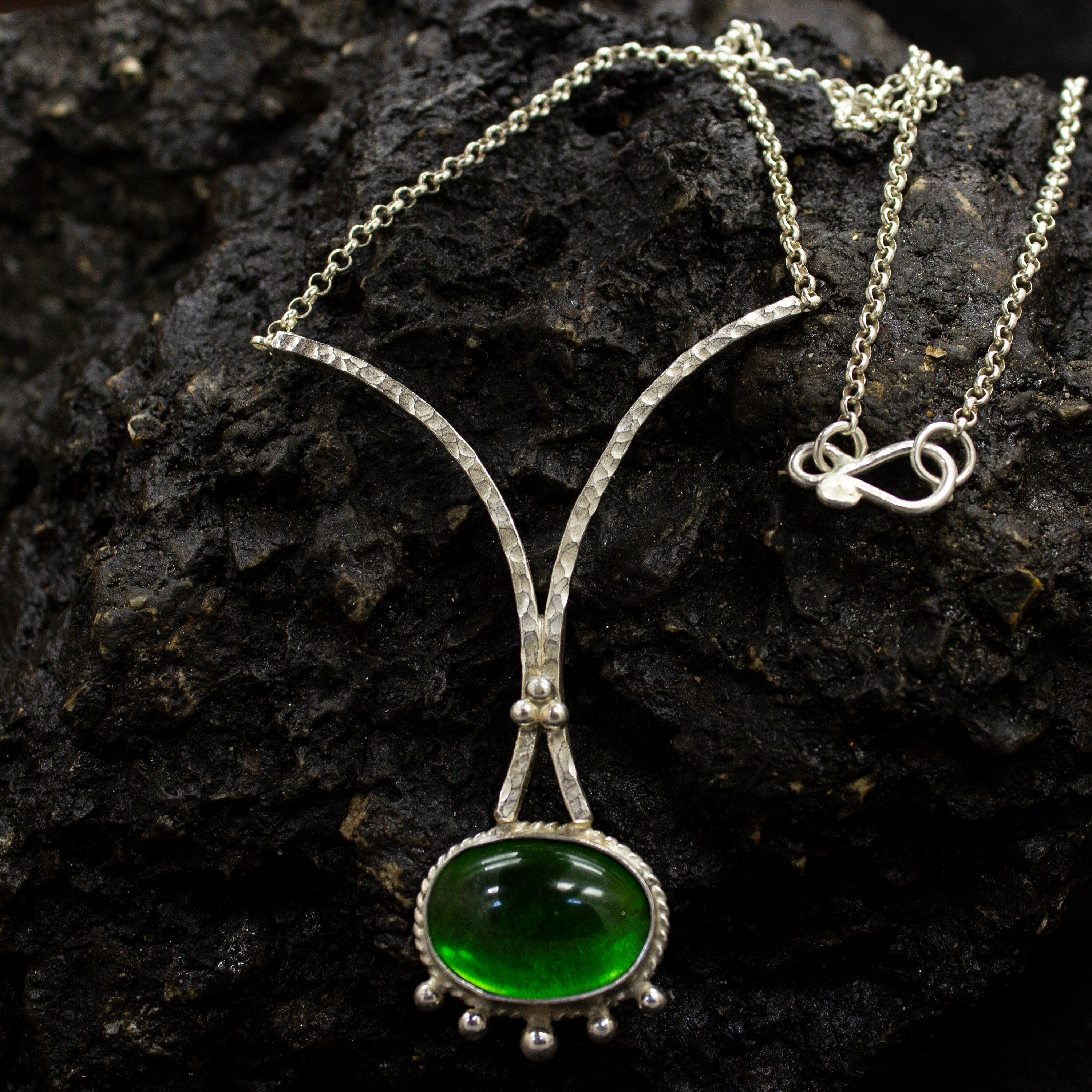 Jade Stone V Shape Silver Necklace | 925 Sterling Silver
