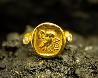 Athena Owl  Signet Coin Ring | 24K Gold Plated 925 Sterling Silver | Ancient Art Ring | Greek Athena Hammered Jewelry | Gift by Pellada