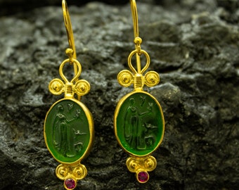 Greek Aphrodite Intaglio Green Glass Earrings | 925 Sterling Silver | Ancient Roman Glass Earrings | Goddess Venus Dainty Jewelry by Pellada