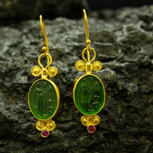 Greek Aphrodite Intaglio Green Glass Earrings 925 Sterling - Etsy