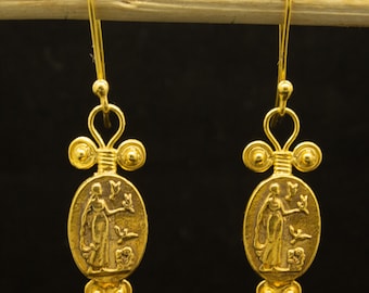 Hangoorbellen Romeinse kunst munt | 24 kt goud op 925 zilver | Handgemaakte damesoorbellen | Griekse sieraden | Oud vintage cadeau van Pellada