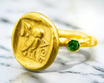 Athena Owl Coin Signet Ring  | Ancient Greek Owl Coin Ring | 24K Gold Plated | Handmade Gold Plated Jewelry | Mother's Day Gift by Pellada