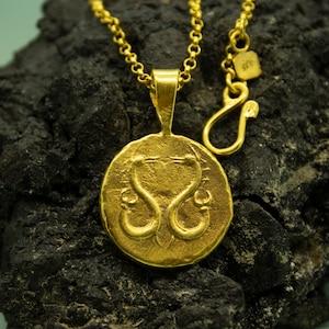 Ancient Animals Coin Pendant | 925 Sterling Silver 24K Gold Plated | Athena&#39;s Necklace | Ephesus Mythology Animals Signet | by Pellada