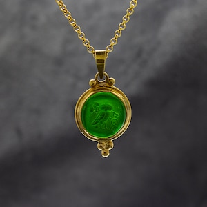 Greek  Owl Intaglio Glass Necklace | 925 Sterling Silver | Greek Owl Green Intaglio Pendant | Ephesus Ionia Owl Pendant by Pellada