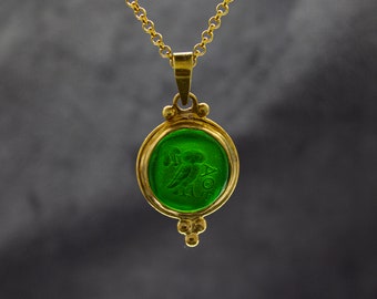 Greek  Owl Intaglio Glass Necklace | 925 Sterling Silver | Greek Owl Green Intaglio Pendant | Ephesus Ionia Owl Pendant by Pellada