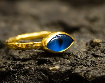 Blue Evil Eye Protection Ring | Dainty Greek Ring | 925 Sterling Silver Ring 24K Gold Plated | Amulet Third Eye | Stackable Ring By Pellada