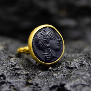 Greek Athena Intaglio Black Glass Ring | 925 Sterling Silver | Ancient Roman Carving Ring | Mythology Goddess Carving Jewelry by Pellada