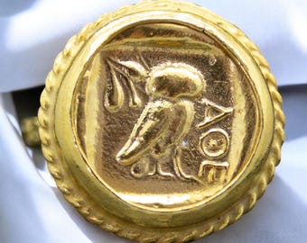 Ancient Greek Owl Coin Ring | 24K Gold Plated Sterling Silver | Athena Owl Coin Ring | Greek Dainty Jewelry | Handmade Gift by Pellada
