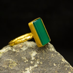 Anatolian Handcrafted Green Jade Stone Ring | 925 Sterling Silver 24K Gold Plated | Ancient Handmade Stacking | Gemstone Ring by Pellada