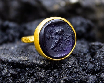 Greek Athena Owl Intaglio Glass Ring 925 Sterling Silver Ancient Roman  Owl Carving Ring Mythology Goddess Athenian Jewelry by Pellada