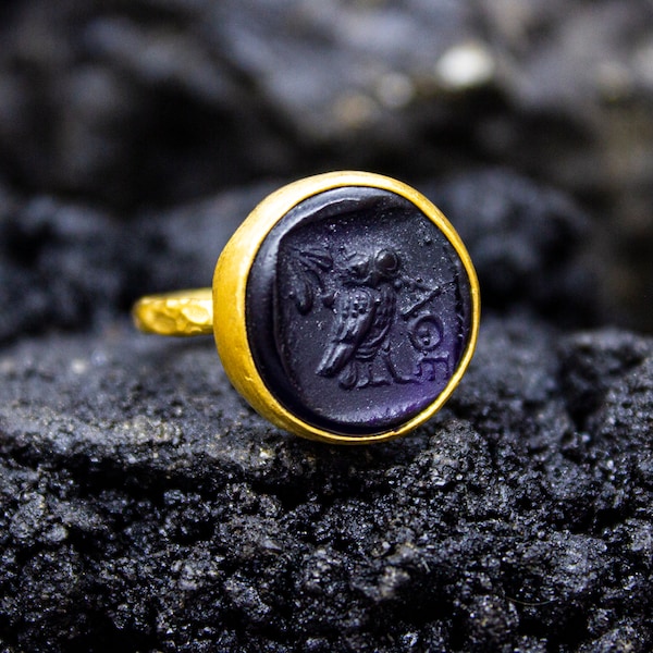 Greek Athena Owl Intaglio Glass Ring | 925 Sterling Silver | Ancient Roman Owl Carving Ring | Mythology Goddess Athenian Jewelry by Pellada