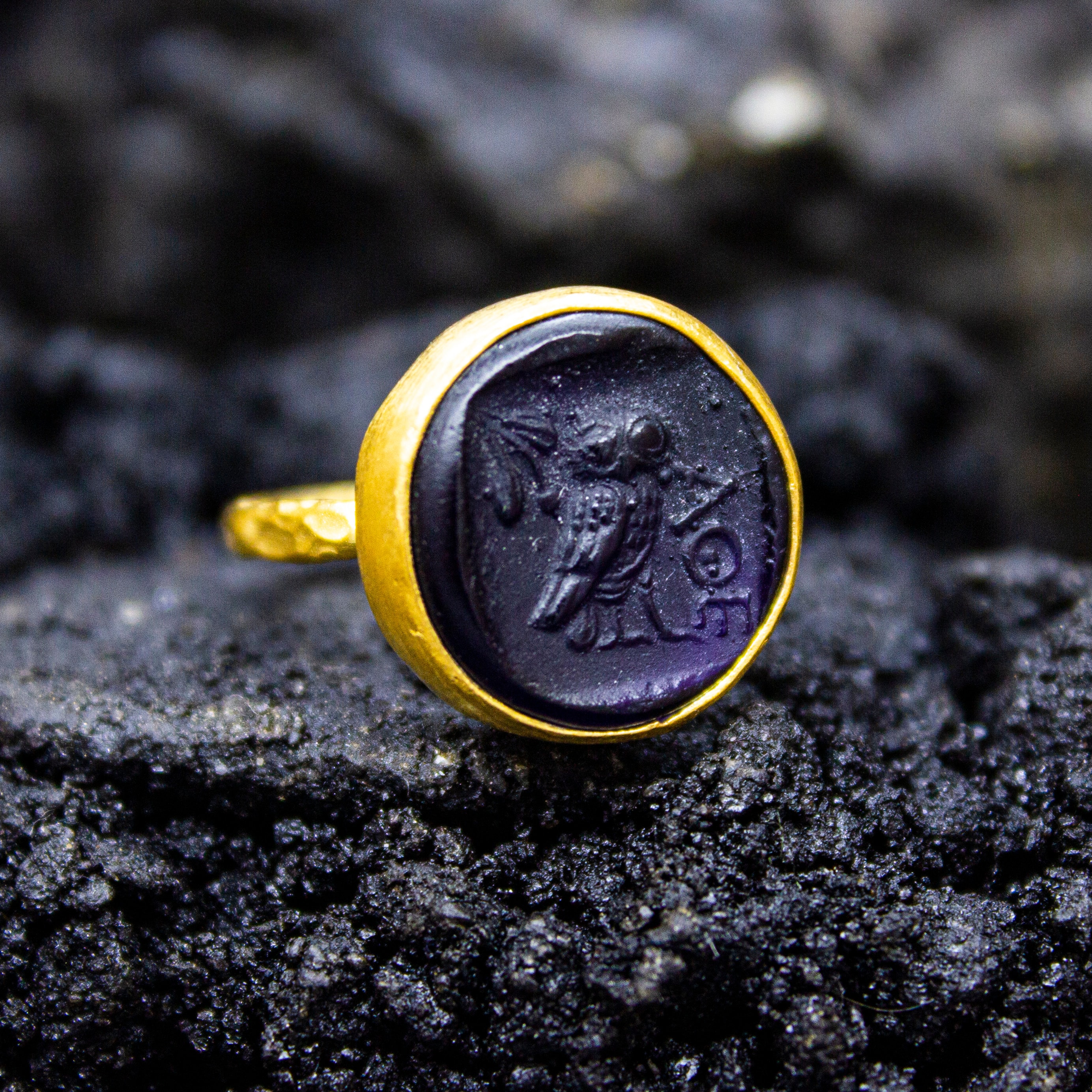 Greek Athena Owl Intaglio Glass Ring | 925 Sterling Silver | Ancient Roman Owl Carving Ring | Mythol
