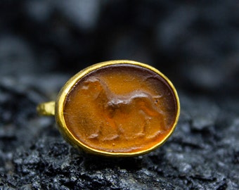 Buy Greek Lion Intaglio Glass Gold Ring 24K Gold Plated Lydian