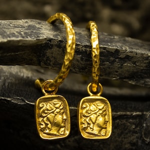 Ancient Greek Helene Charm Hoops Earrings | 24K Gold Plated 925 Sterling Silver | Signet Handcrafted Earrings | Roman Earrings by Pellada