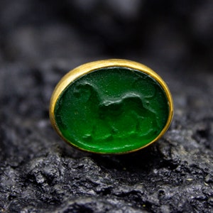 Greek Lion Intaglio Glass Ring | 925 Sterling Silver | Lydian Lion Intaglio  Signet Ring | Ancient Venetian Green Glass Ring by Pellada