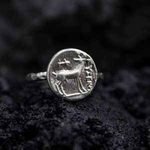 Ancient Greek Deer Coin Ring | 24K Gold Plated 925 Sterling Silver | Artemis Historical Medallion Animal Ring | Greek Jewelry by Pellada