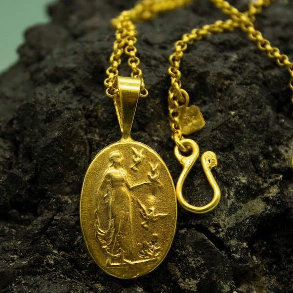 Pigeons and Women Coin Pendant | 925 Sterling Silver 24K Gold | Ancient Dove Necklace | Greek Art Coin Signet | Gold Plated Coin by Pellada