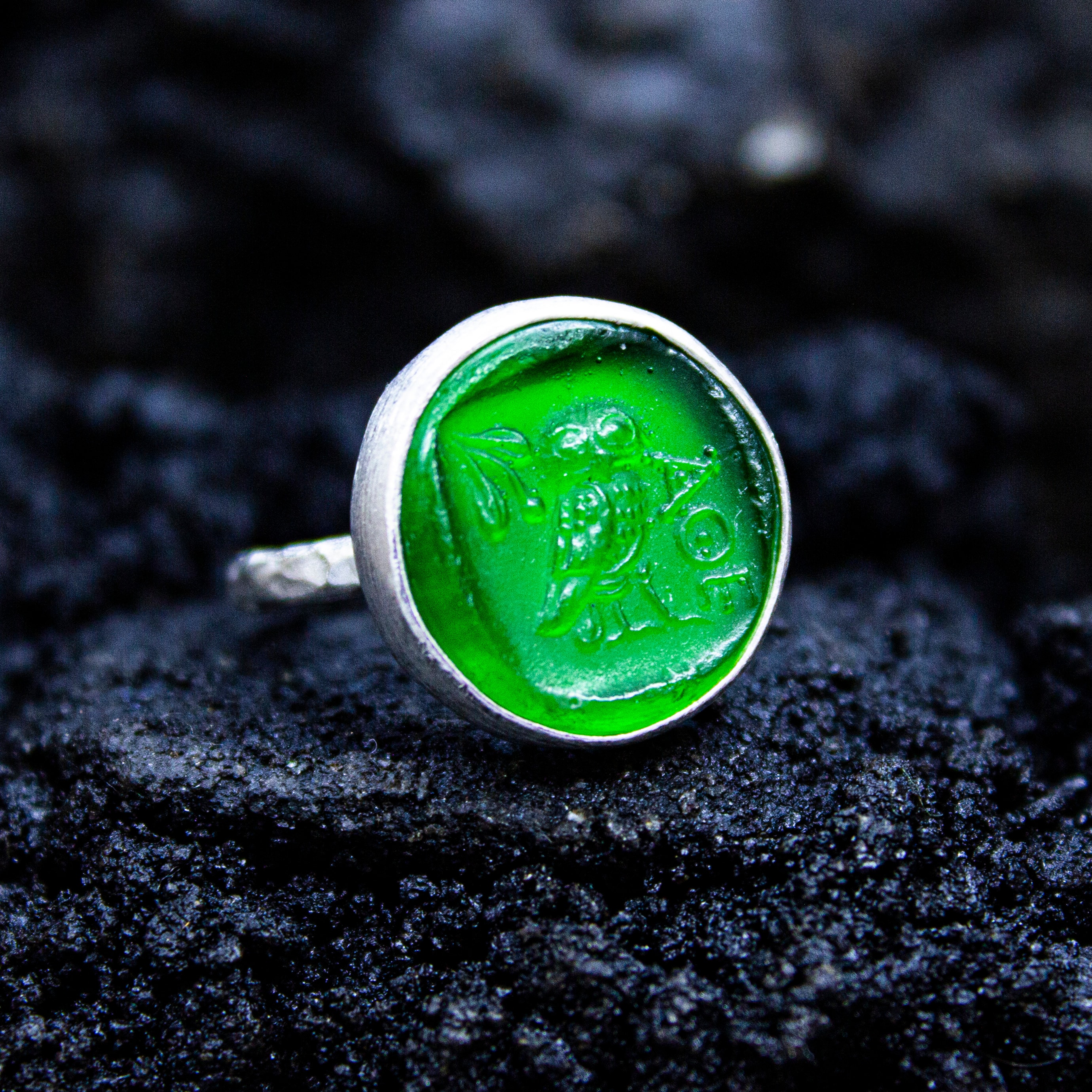 Athena Owl Intaglio Glass Ring | 925 Sterling Silver | Ancient Greek Owl Carving Ring | Hammered Int