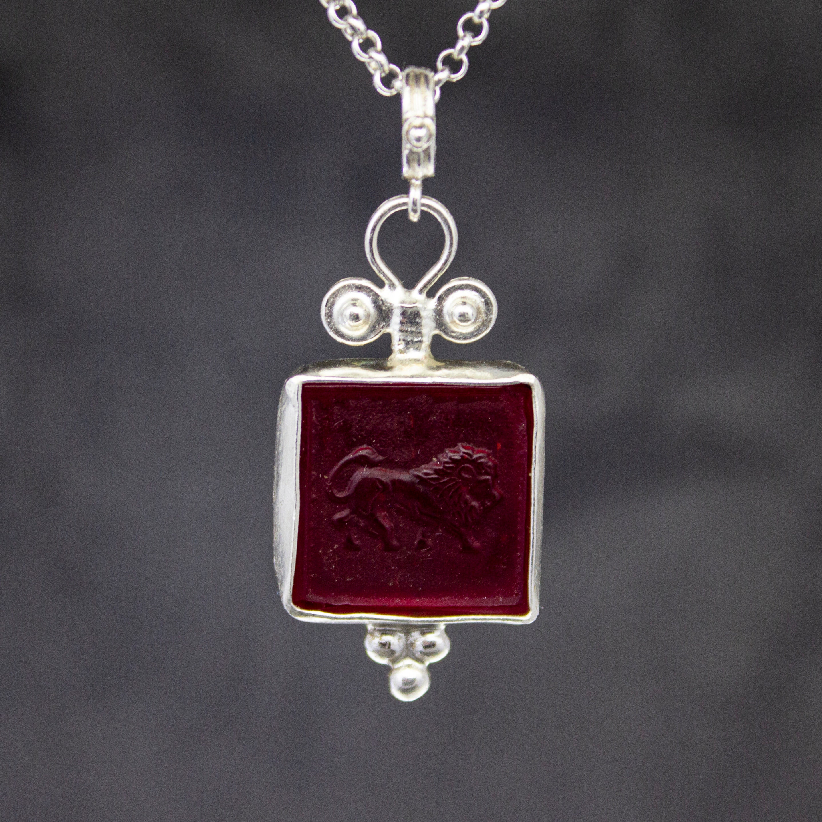 Red String Intaglio Lydian Lion Intaglio Red Glass Necklace | 925 Sterling Silver | Ancient ...