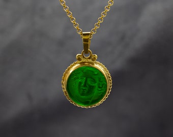 Greek Medusa Intaglio Venetian Glass Necklace | 925 Sterling Silver | Ancient Greek Medusa Intaglio Pendant | Green Glass Ring by Pellada