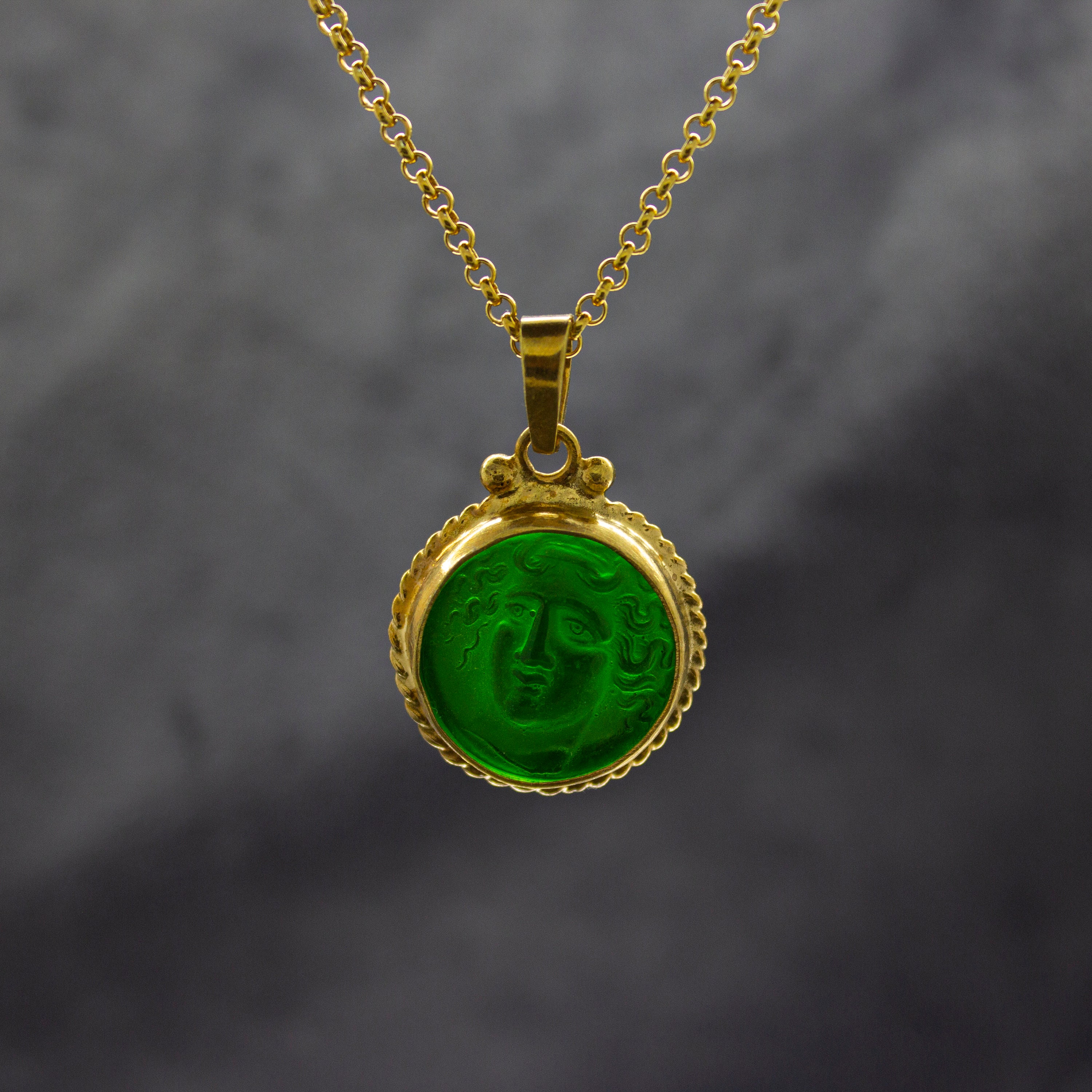 Greek Medusa Intaglio Venetian Glass Necklace | 925 Sterling Silver | Ancient Greek Medusa Intaglio Pendant | Green Glass Ring by Pellada