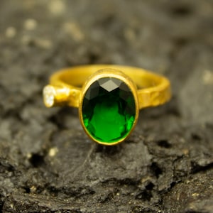 Emerald Ring Gold |  24K Gold Plated | Green Gemstone Silver Ring | Gift for Her Ring | Diamond Cut Emerald Ring | Hammered  Ring By Pellada