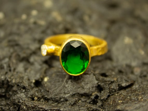 Emerald Ring Gold 24K Gold Plated Green Gemstone Silver Ring Gift