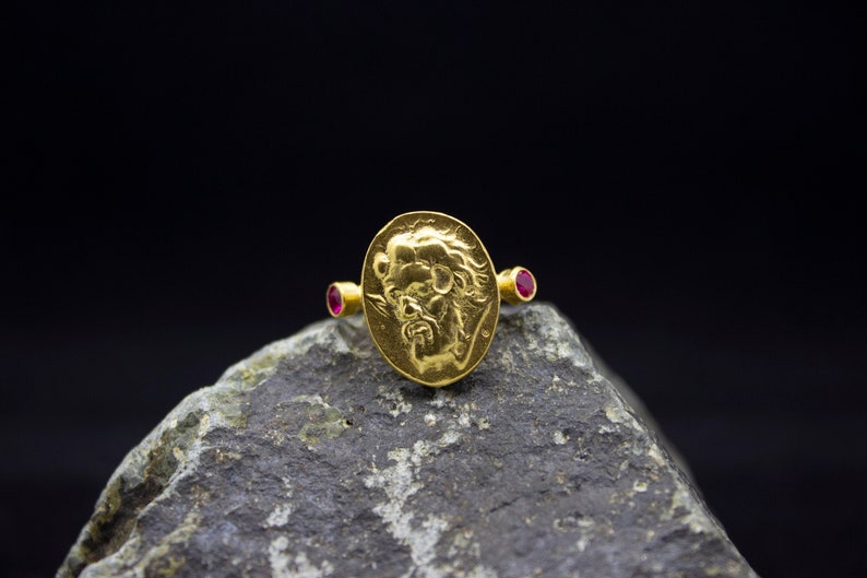Ancient Roman Greek Art Signed Coin Ring 24K Gold Plated 925 Sterling Silver WRed CZ Stone Ring Handcrafted Hammered Jewelry by Pellada