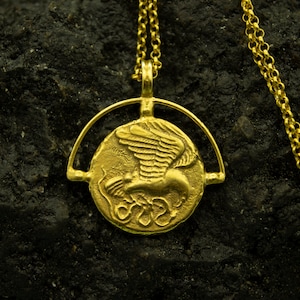 Ancient Art Hawk Coin Pendant | 925 Silver 24K Gold Plated | Bohemian Gold Medallion Necklace | Vintage Layering Pendant | by Pellada