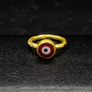Red Evil Eye Ring | Protection Gold Hammered Ring | 925 Sterling Silver 24K Gold Plated | Guardian Ancient Ring | Greek Jewelry By Pellada
