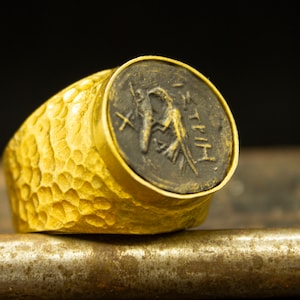 Greek Art Hawk Signet Coin Ring | 24K Gold Plated 925 Sterling Silver  | Hammered Eagle Two Tone Ring | Hunter Hawk Ring by Pellada