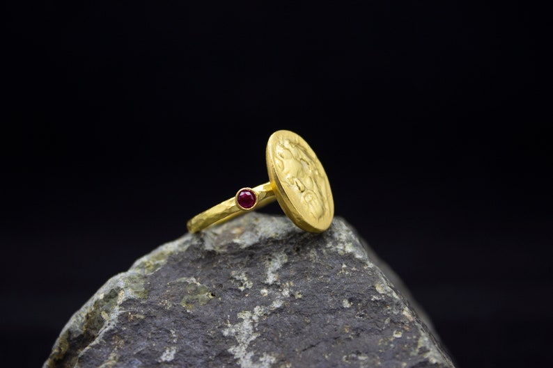 Ancient Roman Greek Art Signed Coin Ring 24K Gold Plated 925 Sterling Silver WRed CZ Stone Ring Handcrafted Hammered Jewelry by Pellada