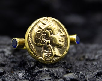 Ancient Greek Goddess Athena Ring | 24K Gold Plated 925 Sterling Silver | Athena Coin Siver Ring | Greek Owl Jewelry | Dainty Gift Pellada