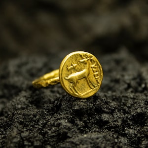 Historical Ancient Greek Deer Coin Ring | 24K Gold Plated 925 Sterling Silver | Artemis Mythology Medallion Animal Ring | Gift by Pellada
