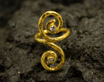 Hammered Ancient Spiral Ring | Silver Wrapped Ring | 925 Sterling Silver Ring 24K Gold Plated | Handmade Silver Ring | Gemstone Ring Pellada