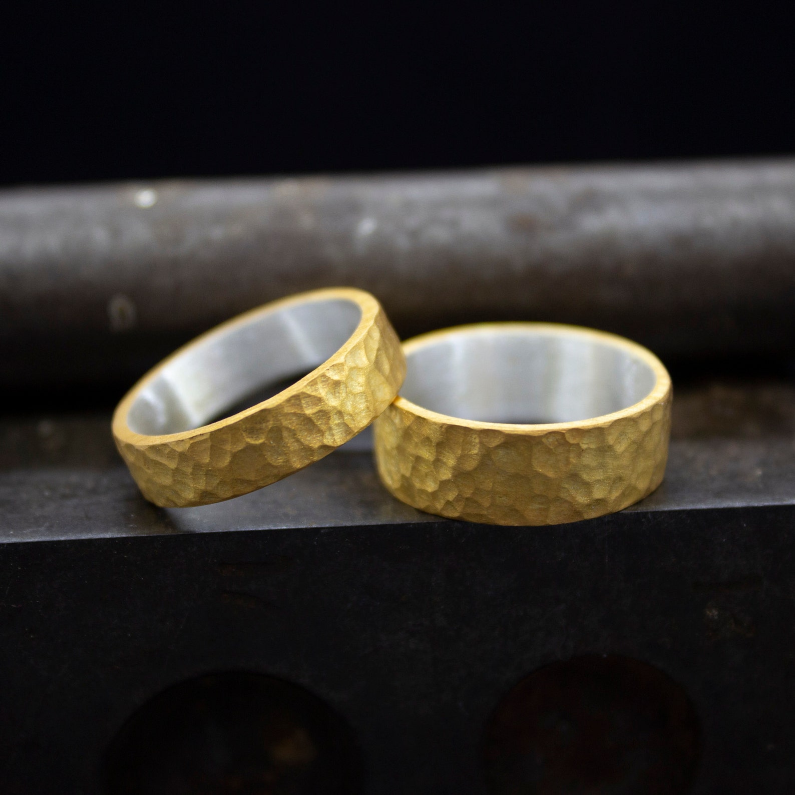 Hammered Matching Wedding Rings 24K Gold Plated 925