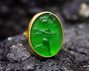 Guardian Angel Signet Intaglio Glass Ring | 925 Sterling Silver | Ancient Greek Carving Ring | Roman Art Angel Ring | Dainty Gift by Pellada