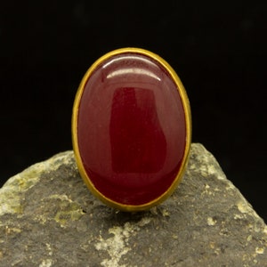 Natural Red Agate Ring | 24K Gold Plated | Carnelian Statement Ring |  925 Sterling Silver Ring | Ancient Handmade Ring Jewelry by Pellada